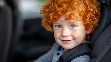 ai generiert glücklich wenig Junge im ein Auto Sicherheit Sitz, Konzept von Reisen sicher und gewährleisten Kind s Schutz foto