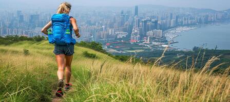 ai generiert aktiv jung Frau mit schön Lächeln Weg Laufen im Stadt Marathon- zum Triathlon foto