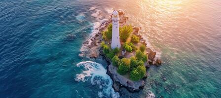 ai generiert Antenne Aussicht von einsam Leuchtturm auf Insel schlagen durch Ozean Wellen beim Dämmerung auf sonnig golden Stunde Tag foto