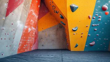 ai generiert Innen- Felsen Klettern Mauer mit bunt hält zum Klettern Enthusiasten und Fitness Aktivität foto