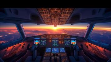 ai generiert Abend Flug Pilot im Cockpit von bürgerlich Flugzeug, Steuerung Tafel, und Armaturenbrett. foto