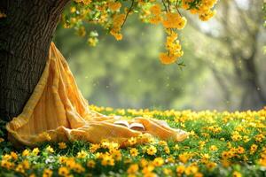 ai generiert ein Decke und ein Buch unter ein Baum im ein sonnig Frühling Park Fachmann Fotografie foto