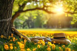 ai generiert ein Decke und ein Buch unter ein Baum im ein sonnig Frühling Park Fachmann Fotografie foto