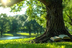 ai generiert ein Decke und ein Buch unter ein Baum im ein sonnig Frühling Park Fachmann Fotografie foto