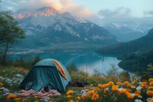 ai generiert Camping Freiheit im das Natur und haben Spaß mit Frühling wild Blumen Aussicht foto