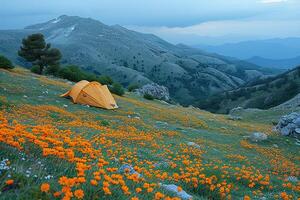 ai generiert Camping Freiheit im das Natur und haben Spaß mit Frühling wild Blumen Aussicht foto