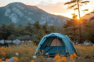 ai generiert Camping Freiheit im das Natur und haben Spaß mit Frühling wild Blumen Aussicht foto