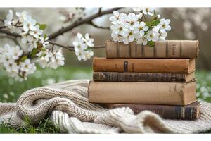 ai generiert ein Decke und ein Buch unter ein Baum im ein sonnig Frühling Park Fachmann Fotografie foto