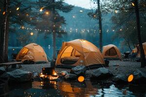 ai generiert Camping Freiheit im das Natur und haben Spaß mit Frühling wild Blumen Aussicht foto