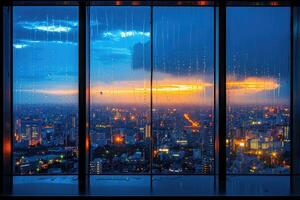 ai generiert Panorama- Fenster zeigen ein Aussicht von ein Nacht Zeit Stadt zündete oben mit Beleuchtung und regnerisch Fachmann Fotografie foto