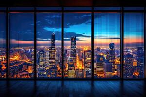 ai generiert Panorama- Fenster zeigen ein Aussicht von ein Nacht Zeit Stadt zündete oben mit Beleuchtung und regnerisch Fachmann Fotografie foto