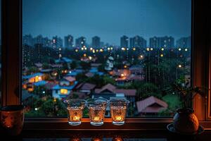 ai generiert Panorama- Fenster zeigen ein Aussicht von ein Nacht Zeit Stadt zündete oben mit Beleuchtung und regnerisch Fachmann Fotografie foto