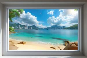 ai generiert Panorama- zeigen von ein Seelandschaft mit Blau Himmel über Sonnenlicht Fachmann Fotografie foto