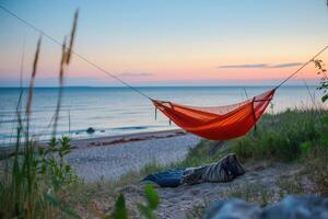 ai generiert bekommen gestartet mit Camping Hängematte Fachmann Fotografie foto