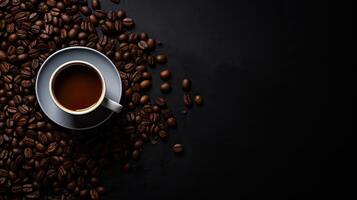 ai generiert Kaffee Bohnen auf dunkel Oberfläche. Tasse von Americano Kaffee, oben Sicht. leeren Raum zum ein Vorlage und ein Geschäft Banner. ai generiert foto
