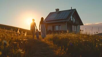 ai generiert Sonne Panel auf das Dach von ein Land Haus. Grün Energie, und das elektrisch System im das Villa. modern Hütte. ai generiert foto