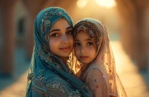 ai generiert ein Mutter tragen ein Kopftuch steht Nächster zu ein Tochter, Muslim Familie Momente Bild foto