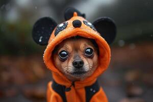ai generiert klein Hund tragen Micky Maus Kostüm, Haustier Streiche Bild foto