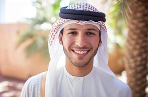 ai generiert ein Mann tragen traditionell Arabisch Kleidung lächelt beim das Kamera, islamisch traditionell Kleidung Bild foto