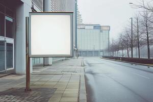 ai generiert leeren Plakatwand Stehen neben ein Gebäude auf das Straße, branding Marketing Bild foto