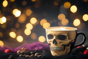 ai generiert Kaffee Tasse mit Skelett Gesicht schrullig und Spaß, Essen und trinken Streiche Bild foto