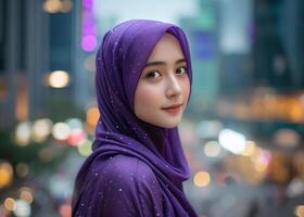ai generiert Muslim Mädchen tragen lila Kopftuch, islamisch traditionell Kleidung Bild foto