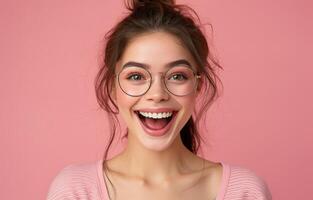 ai generiert Frau im Brille ausdrücken Überraschung und Freude auf ein beschwingt Rosa Hintergrund, Menschen Lachen Bild foto