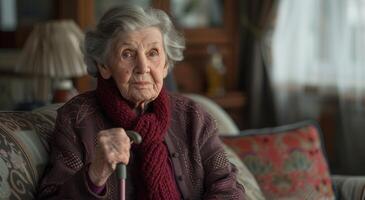 ai generiert Alten Frau Sitzung auf Couch halten Stock, Parkinson Foto