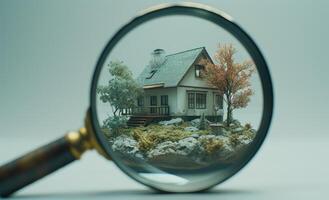 ai generiert Vergrößerung Glas mit Haus Modell- auf Weiß Hintergrund, Eigentum Außen Inspektion Bild foto