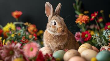 ai generiert süß braun Hase umgeben durch bunt Ostern Eier und Frühling Blumen foto