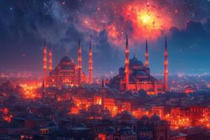 ai generiert islamisch Gruß Karte zum Ramadan kareem oder ied Mubarak Hintergrund foto