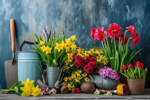 ai generiert Frühling Blumen mit Gartenarbeit Werkzeuge foto