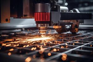 ai generiert ein mächtig industriell Laser- Cutter im Aktion, Nahansicht Schneiden durch dick Metall mit Präzision und Funken fliegend foto