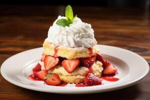 ai generiert Erdbeere Shortcake mit ausgepeitscht Sahne auf oben foto