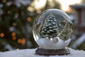 ai generiert Schnee Globus und magisch Schnee Ball mit Bäume foto