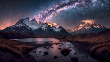 ai generiert torres del paine Berge, Patagonien, Chile. unter sternenklar Nacht Himmel. chilenisch Landschaft, astral Schönheit. foto