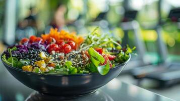 ai generiert Nahansicht auf ein Schüssel von beschwingt, frisch Salat mit verschiedene Samen, im das Vordergrund, ein verschwommen Fitnessstudio Szene mit jemand trainieren, symbolisieren das Balance von Diät und Fitness foto