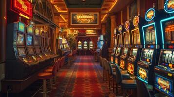 ai generiert ein Kasino ist gezeigt mit viele Slot Maschinen foto