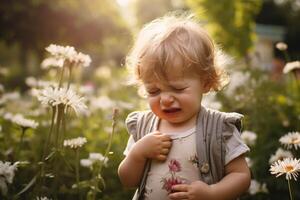 ai generiert ein Kleinkind ist Weinen im ein Feld von Blumen foto