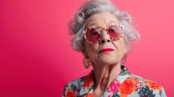 ai generiert komisch Oma Porträts. Senior alt Frau Dressing elegant zum ein Besondere Fall. Oma Mode Modell- auf farbig foto