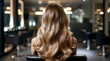 ai generiert Frau glänzend wellig Haar gestylt beim ein Schönheit Salon. foto