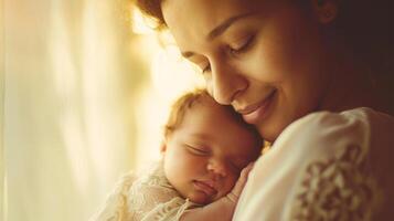 ai generiert mütterlicherseits Umarmung beim Dämmerung. ein zärtlich Moment wie ein Mutter Wiegen ihr Schlafen Baby im das Sanft Morgen Licht. foto