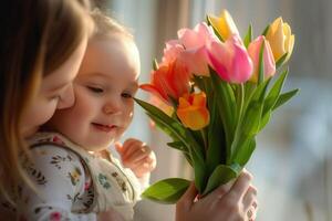 ai generiert glücklich Mutter Tag Kind Tochter gratuliert Mutter und gibt ein Strauß von Blumen zu Tulpen foto