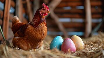 ai generiert ein Henne neben bunt Ostern Eier im ein Scheune. foto