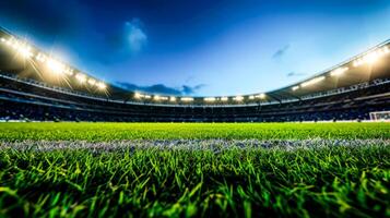 ai generiert ein beschwingt Fußball Feld mit Stadion Beleuchtung glühen unter ein Abend Himmel. foto