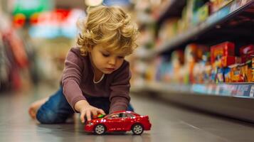 ai generiert wenig Junge spielen mit ein Spielzeug rot Auto im ein Supermarkt Gang. foto