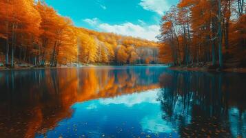 ai generiert knackig Herbst Reflexionen auf ein immer noch Wald See. ein Wald See Lügen still, Spiegeln das knackig golden Farbtöne von Herbst Bäume gegen ein klar Blau Himmel im ein still Einstellung. foto