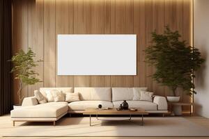 ai generiert Innere von modern Leben Zimmer mit Weiß Sofa und spotten oben Poster foto