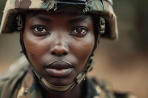 ai generiert weiblich Soldat im Kampf Uniform Stehen warnen mit ai generiert. foto