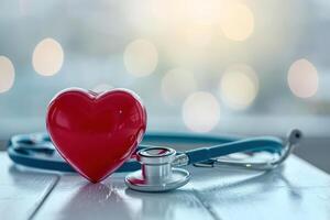 ai generiert Stethoskop und Herz auf ein Kardiogramm Hintergrund, präsentieren medizinisch Werkzeuge zum Kardiologie, Gesundheit, und Herzschlag Untersuchung im ein Weiß und rot Rahmen foto